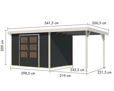 Karibu Hybrid-Gartenhaus Jupiter 5 C + 2,4m Anbaudach - 19mm Elementhaus - Geräteschuppen - Pultdach - anthrazit/weiss