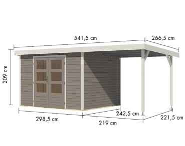 Karibu Hybrid-Gartenhaus Jupiter 5 D + 2,4m Anbaudach - 19mm Elementhaus - Geräteschuppen - Pultdach - wassergrau/weiss