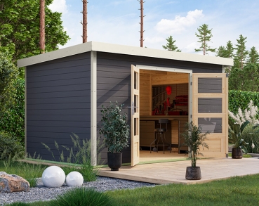 Karibu Hybrid-Gartenhaus Pluto 7 B - 28mm Elementhaus - Geräteschuppen - Pultdach - terragrau/weiss