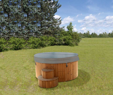 Preview: Wolff Finnhaus Badebottich BIBI 2020 mit grauem GFK-Einsatz, integriertem Außenofen und Thermoabdeckung