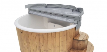 Preview: Wolff Finnhaus Badebottich BIBI 2020 mit grauem GFK-Einsatz, integriertem Außenofen und Thermoabdeckung