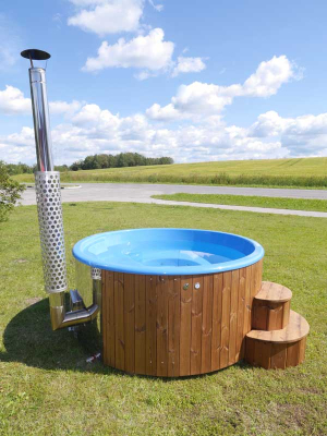 Wolff Finnhaus Badebottich BIBI 2020 mit grauem GFK-Einsatz, integriertem Außenofen und Thermoabdeckung