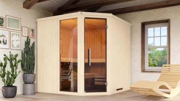 Weka Elementsauna Varberg 3 Trend Familiensauna mit Eckeinstieg & weiss lasierten Fronten - 68 mm