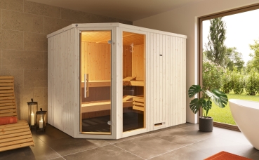 Preview: Weka Elementsauna Varberg 4 Trend Familiensauna mit Eckeinstieg & weiss lasierten Fronten - 68 mm