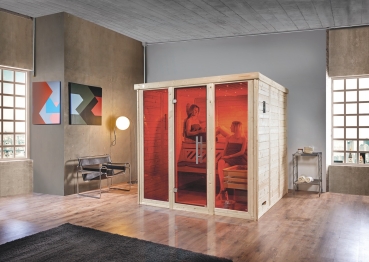 Weka Premium Massivholz-Elementsauna Kemi Panorama 3 mit Glastür+2 Fenster und Sternenhimmel - 45 mm mit 7.5 kw Ofen