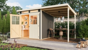 Karibu Gartenhaus Glücksburg 3 seidengrau mit Anbaudach 19 mm