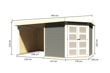Preview: Karibu Gartenhaus Goldendorf 5 Terragrau mit 240 cm Schleppdach + Seiten- und Rückwand - 19 mm