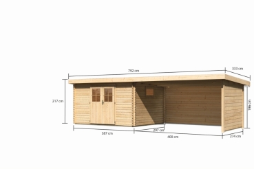 Preview: Gartenhaus Torgau 4 mit Anbaudach 440 cm +Rückwand+Seitenwand in 40mm