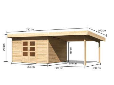 Preview: Karibu Gartenhaus Northeim 4 natur mit Anbaudach 3,30m
