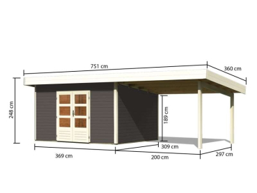 Preview: Karibu Gartenhaus Northeim 4 terragrau mit Anbaudach 3,30m
