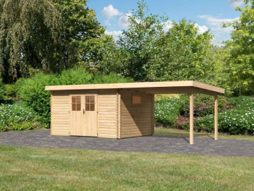 Karibu Gartenhaus Torgau 4 natur mit Anbaudach 3 m