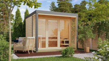 Karibu Saunahaus Ares 3 - Hybridhaus mit Metallrahmen - 38 mm optional mit Anbaudach 270 cm