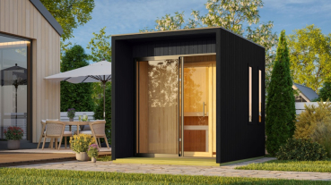 Karibu Design Saunahaus Catalina Blackline mit Vorraum - 73 mm in Schwarz oder Natur