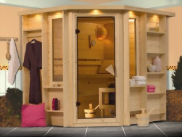 KARIBU CORTONA Premium Massivholzsauna Eckeinstieg