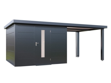 Finnhaus Wolff Metall-Gartenhaus Thorin 6030 + 3m Anbaudach - Elementhaus - Geräteschuppen - Flachdach - anthrazit