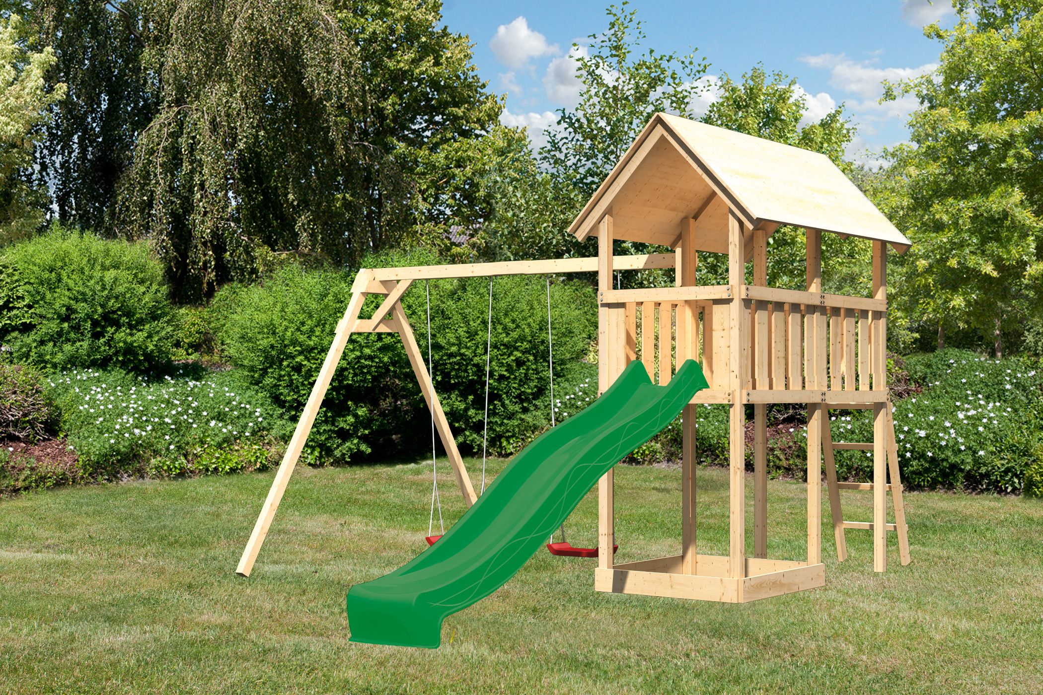 Woodhome Ch Tun Sie Sich Etwas Gutes Mit Holz Spielturm Danny Set Mit Doppelschaukel Und Rutsche Grun