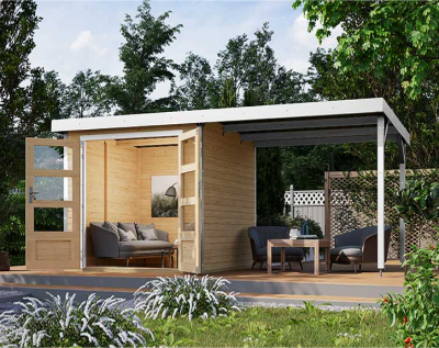 Karibu Hybrid-Gartenhaus Jupiter 2 A + 2,4m Anbaudach - 19mm Elementhaus - Geräteschuppen - Pultdach - natur/weiss