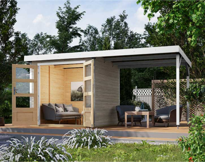 Karibu Hybrid-Gartenhaus Jupiter 2 D + 2,4m Anbaudach - 19mm Elementhaus - Geräteschuppen - Pultdach - wassergrau/weiss