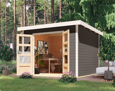 Karibu Hybrid-Gartenhaus Pluto 6 B - 28mm Elementhaus - Geräteschuppen - Pultdach - terragrau/weiss