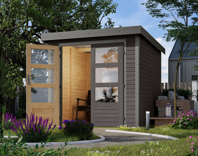 Karibu Hybrid-Gartenhaus Jupiter 2 B - 19mm Elementhaus - Geräteschuppen - Pultdach - terragrau/grau