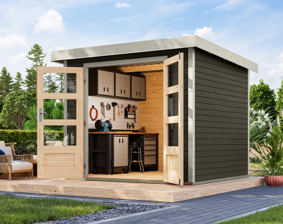 Karibu Hybrid-Gartenhaus Jupiter 3 B - 19mm Elementhaus - Geräteschuppen - Pultdach - terragrau/weiss