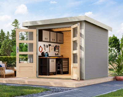 Karibu Hybrid-Gartenhaus Jupiter 3 D - 19mm Elementhaus - Geräteschuppen - Pultdach - wassergrau/weiss