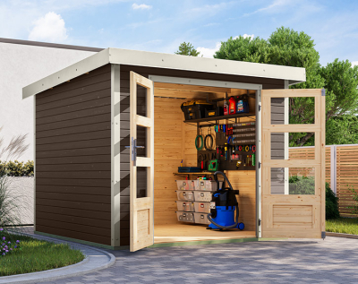 Karibu Hybrid-Gartenhaus Jupiter 3,5 B - 19mm Elementhaus - Geräteschuppen - Pultdach - terragrau/weiss