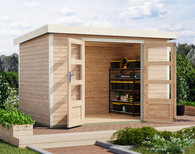 Karibu Hybrid-Gartenhaus Jupiter 4 A - 19mm Elementhaus - Geräteschuppen - Pultdach - natur/weiss