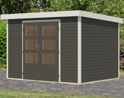 Karibu Hybrid-Gartenhaus Jupiter 4 B - 19mm Elementhaus - Geräteschuppen - Pultdach - terragrau/weiss