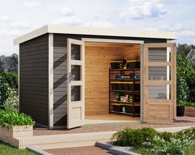 Karibu Hybrid-Gartenhaus Jupiter 4 B - 19mm Elementhaus - Geräteschuppen - Pultdach - terragrau/weiss