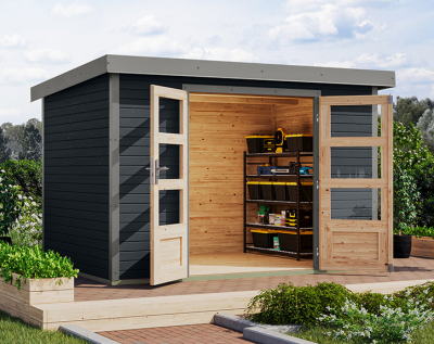 Karibu Hybrid-Gartenhaus Jupiter 4 C - 19mm Elementhaus - Geräteschuppen - Pultdach - anthrazit/grau