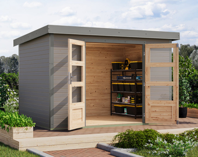 Karibu Hybrid-Gartenhaus Jupiter 4 D - 19mm Elementhaus - Geräteschuppen - Pultdach - wassergrau/grau