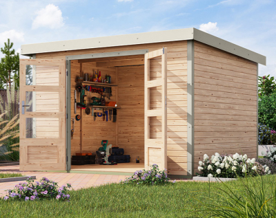 Karibu Hybrid-Gartenhaus Jupiter 5 A - 19mm Elementhaus - Geräteschuppen - Pultdach - natur/weiss