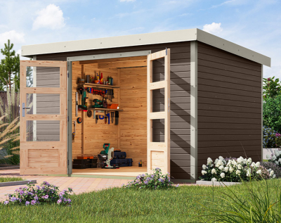 Karibu Hybrid-Gartenhaus Jupiter 5 B - 19mm Elementhaus - Geräteschuppen - Pultdach - terragrau/weiss