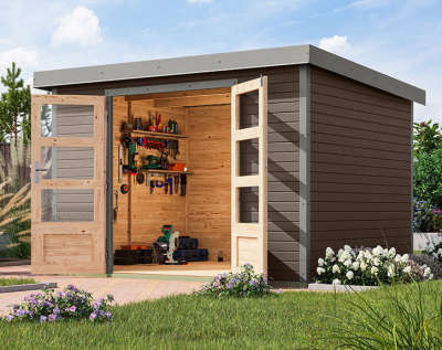 Karibu Hybrid-Gartenhaus Jupiter 5 B - 19mm Elementhaus - Geräteschuppen - Pultdach - terragrau/grau