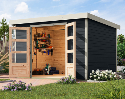 Karibu Hybrid-Gartenhaus Jupiter 5 C - 19mm Elementhaus - Geräteschuppen - Pultdach - anthrazit/weiss