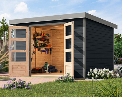 Karibu Hybrid-Gartenhaus Jupiter 5 C - 19mm Elementhaus - Geräteschuppen - Pultdach - anthrazit/grau