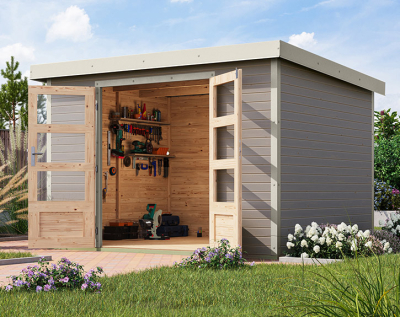 Karibu Hybrid-Gartenhaus Jupiter 5 D - 19mm Elementhaus - Geräteschuppen - Pultdach - wassergrau/weiss