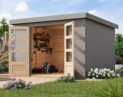 Karibu Hybrid-Gartenhaus Jupiter 5 D - 19mm Elementhaus - Geräteschuppen - Pultdach - wassergrau/grau