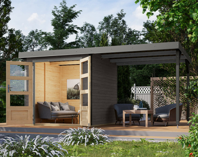 Karibu Hybrid-Gartenhaus Jupiter 2 B + 2,4m Anbaudach - 19mm Elementhaus - Geräteschuppen - Pultdach - terragrau/grau