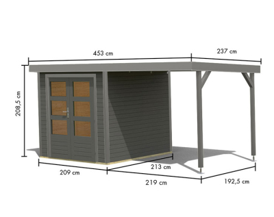 Karibu Hybrid-Gartenhaus Jupiter 2 B + 2,4m Anbaudach - 19mm Elementhaus - Geräteschuppen - Pultdach - terragrau/grau