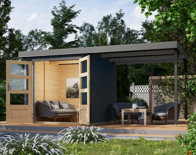 Karibu Hybrid-Gartenhaus Jupiter 2 C + 2,4m Anbaudach - 19mm Elementhaus - Geräteschuppen - Pultdach - anthrazit/grau