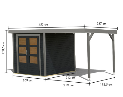 Karibu Hybrid-Gartenhaus Jupiter 2 C + 2,4m Anbaudach - 19mm Elementhaus - Geräteschuppen - Pultdach - anthrazit/grau