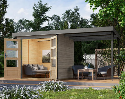 Karibu Hybrid-Gartenhaus Jupiter 2 D + 2,4m Anbaudach - 19mm Elementhaus - Geräteschuppen - Pultdach - wassergrau/grau