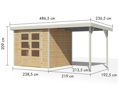 Karibu Hybrid-Gartenhaus Jupiter 3 A + 2,4m Anbaudach - 19mm Elementhaus - Geräteschuppen - Pultdach - natur/weiss