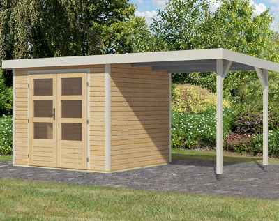 Karibu Hybrid-Gartenhaus Jupiter 3 A + 2,4m Anbaudach - 19mm Elementhaus - Geräteschuppen - Pultdach - natur/weiss