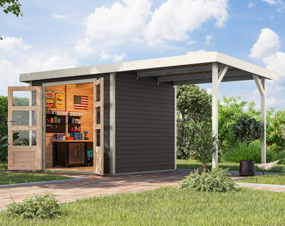 Karibu Hybrid-Gartenhaus Jupiter 3 B + 2,4m Anbaudach - 19mm Elementhaus - Geräteschuppen - Pultdach - terragrau/weiss