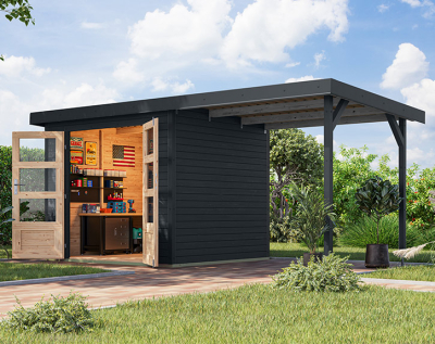 Karibu Hybrid-Gartenhaus Jupiter 3 C + 2,4m Anbaudach - 19mm Elementhaus - Geräteschuppen - Pultdach - anthrazit/anthrazit