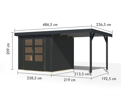 Karibu Hybrid-Gartenhaus Jupiter 3 C + 2,4m Anbaudach - 19mm Elementhaus - Geräteschuppen - Pultdach - anthrazit/anthrazit