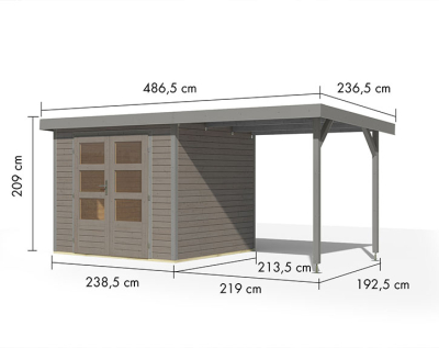 Karibu Hybrid-Gartenhaus Jupiter 3 C + 2,4m Anbaudach - 19mm Elementhaus - Geräteschuppen - Pultdach - wassergrau/grau